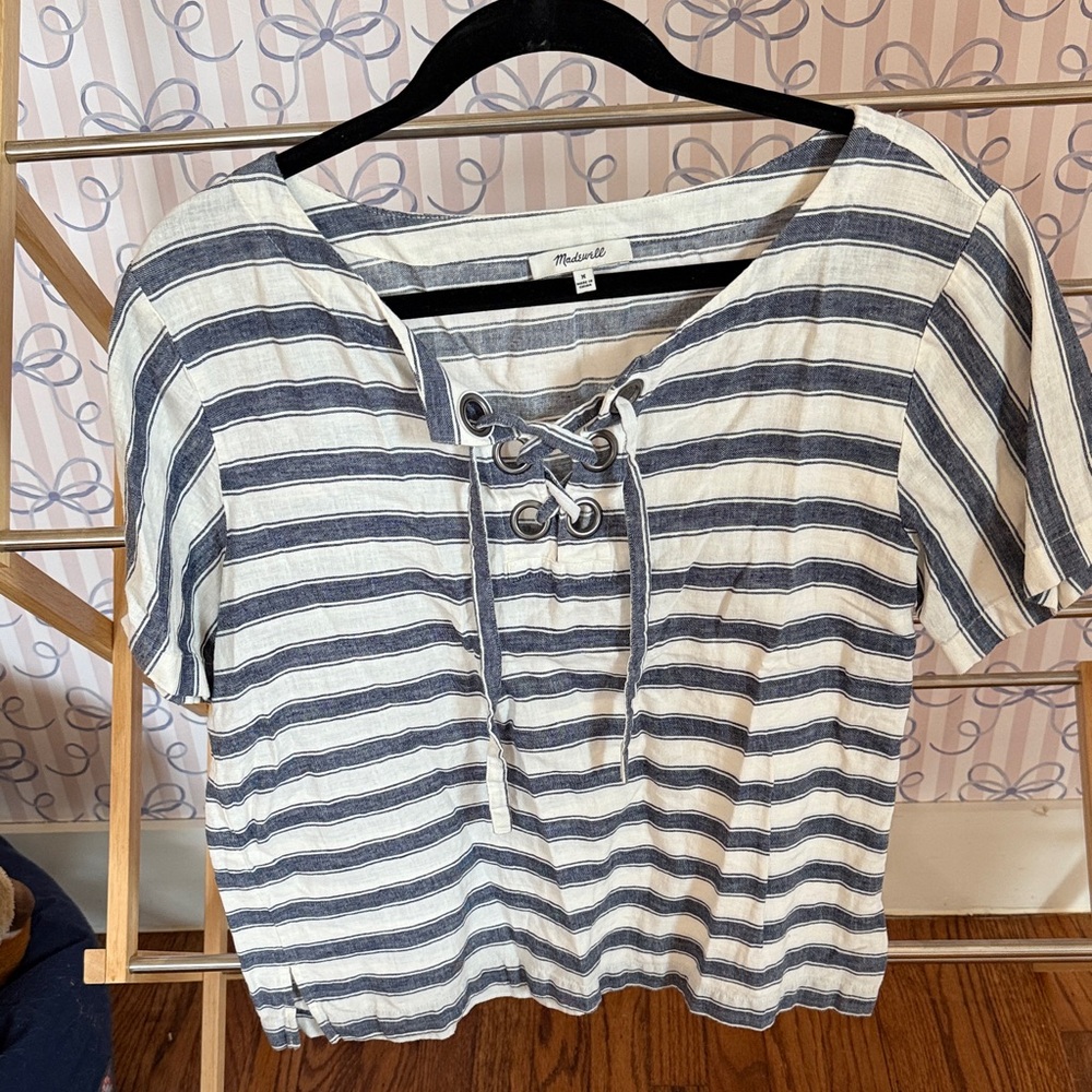 Madewell Navy and White Striped Lace-Up Tee